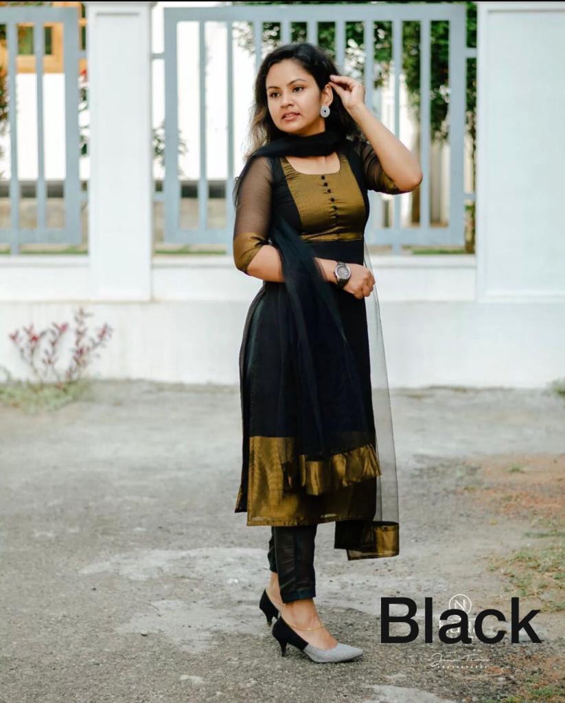 Premium Jacquard Chiffon Kurti Pant Set (Black)