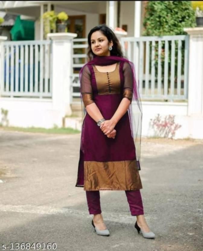 Premium Jacquard Chiffon Kurti Pant Sets (Wine)
