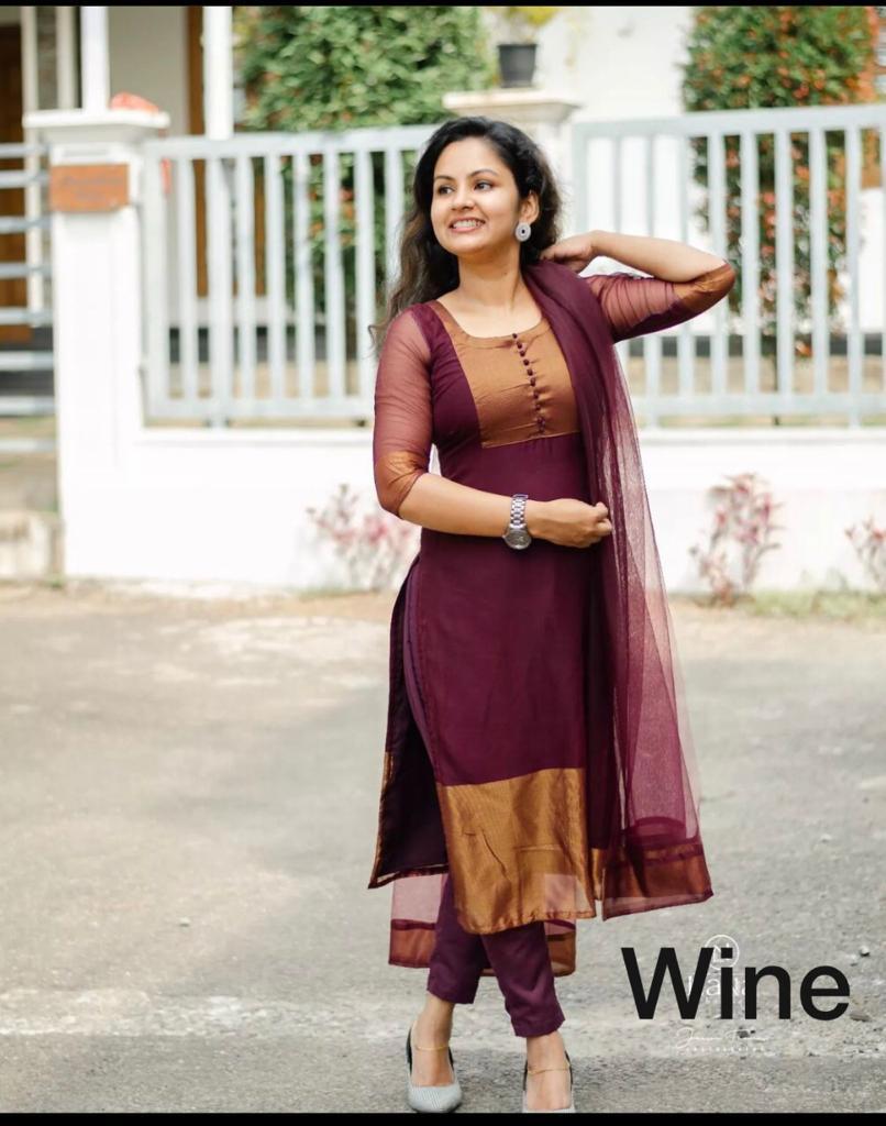 Premium Jacquard Chiffon Kurti Pant Sets (Wine)