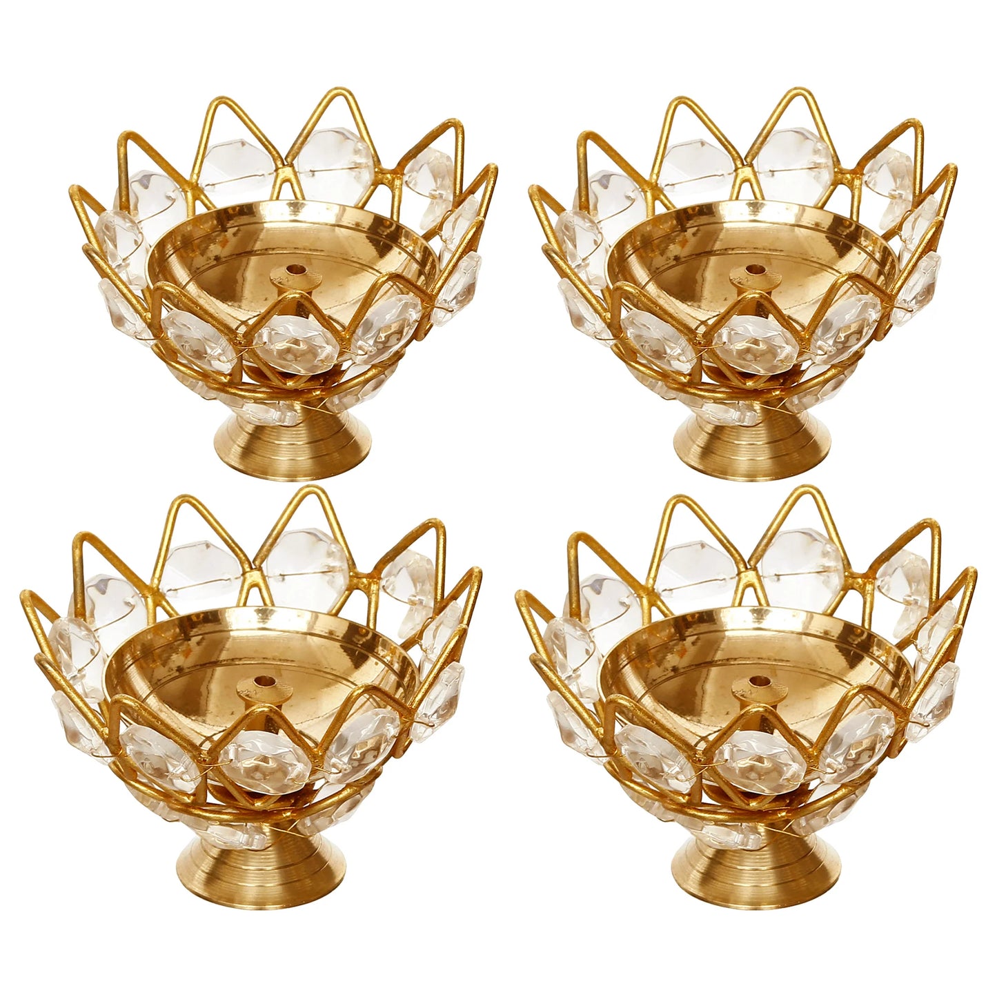 eCraftIndia Set of 4 Lotus Shape Crystal Tea Light Holders (White & Gold)