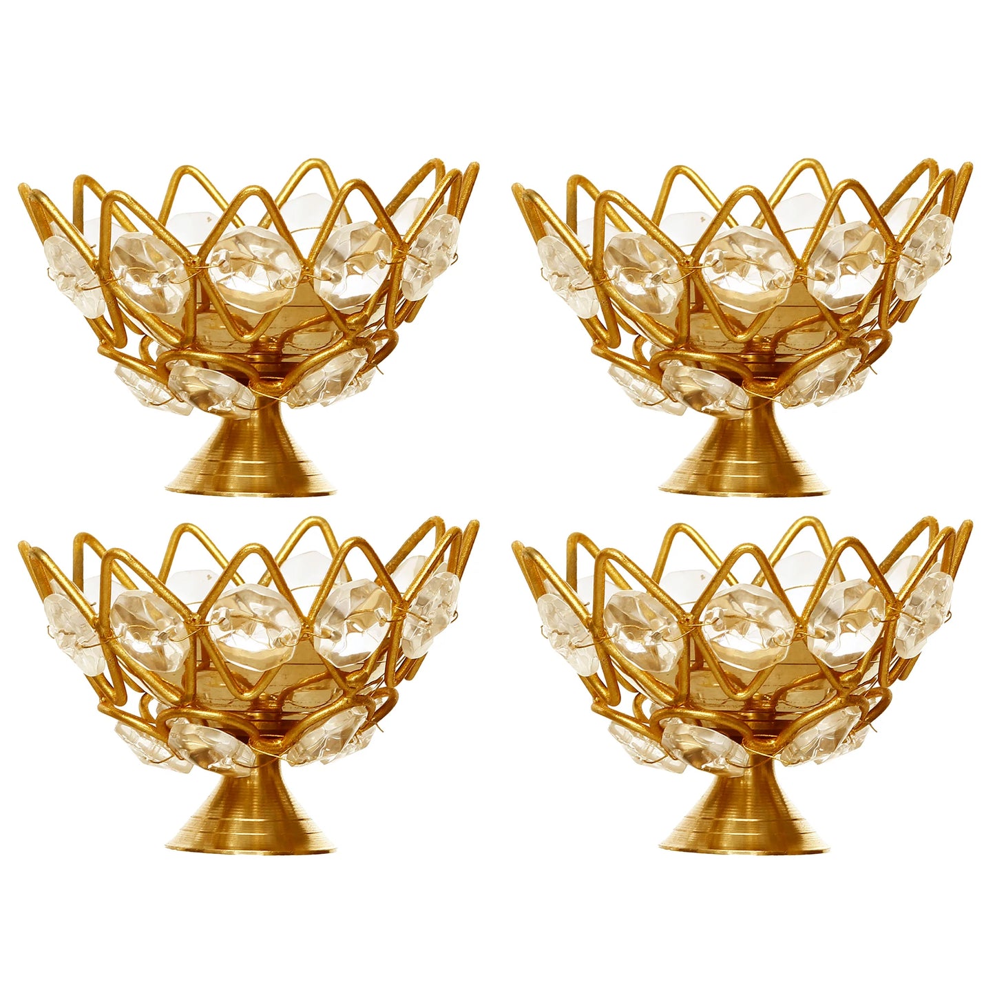 eCraftIndia Set of 4 Lotus Shape Crystal Tea Light Holders (White & Gold)