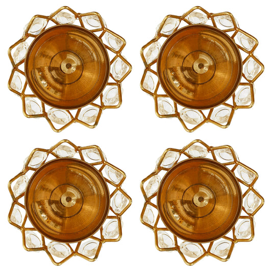 eCraftIndia Set of 4 Lotus Shape Crystal Tea Light Holders (White & Gold)